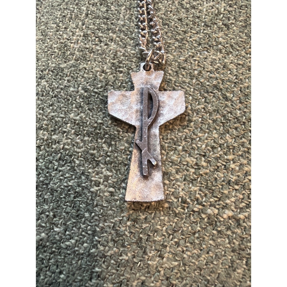 Vintage‎ Modernist Cross Pendant Necklace Silver Tone Abstract Religious Jewelry